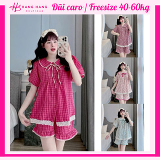 Đồ ngủ nữ 40-60kg, pijama đùi ngắn cổ sen đũi lạnh mềm mát 60CC15, đồ bộ nữ đồ mặc nhà tiểu thư caro dễ thương