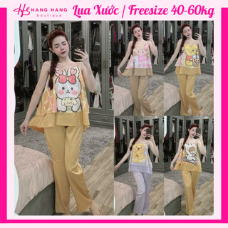 Đồ ngủ nữ 40-60kg, đồ ngủ 2 dây bèo tầng quần dài lụa xước mềm mát 60DS03, đồ bộ nữ đồ mặc nhà dễ thương cute