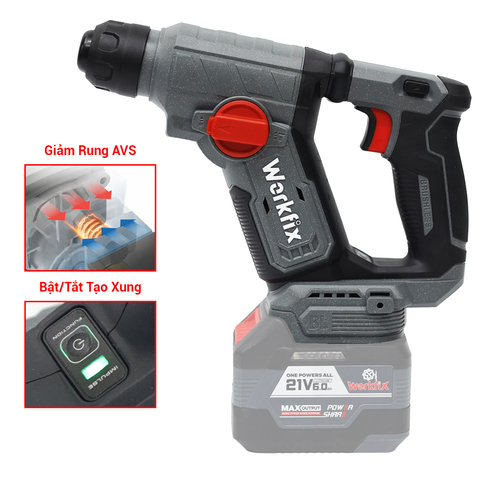 [MỚI- NHỎ GỌN] Máy Khoan Bê Tông Mini 1,9J WF-RH1902MN Workfix,  Khoan Thường, Búa Tặng Thước Dây