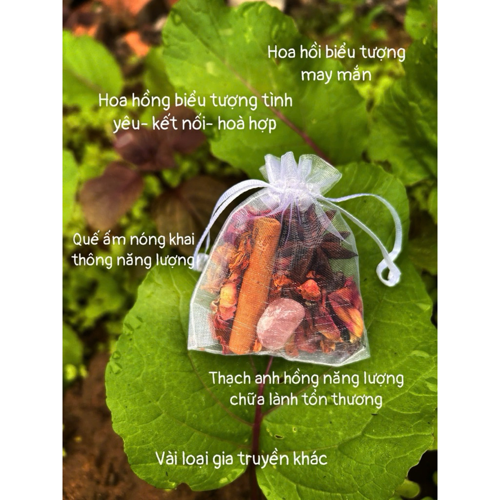 Túi Thơm Thảo Mộc Mix Đá năng lượng Thạch Anh thanh tẩy may mắn treo phòng, bỏ túi xách, balo