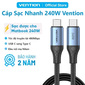 Cáp Sạc Nhanh Vention 240W Type C, Tốc Độ 480Mbps, Đầu Hợp Kim Nhôm Mạ Niken Bền Chắc Dây Dù Bện 4mm