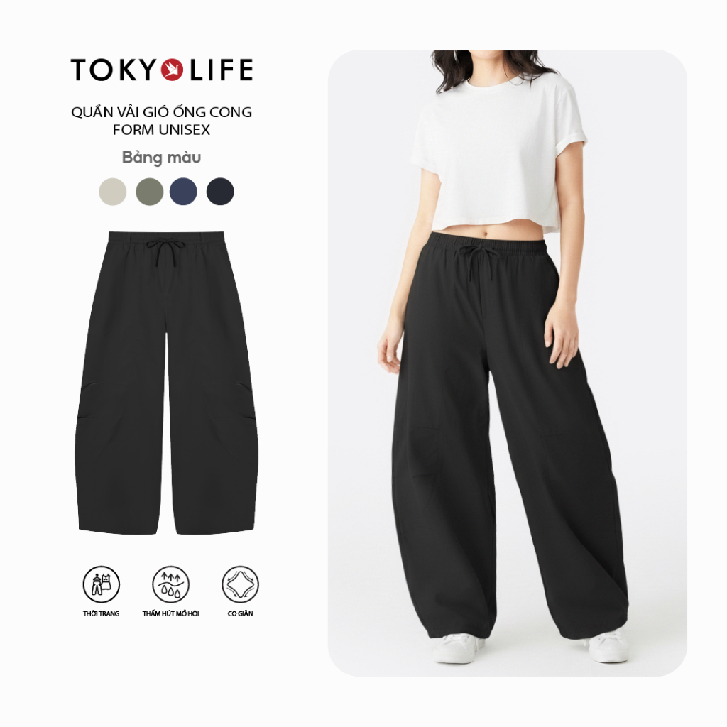 Quần Gió Unisex Ống Cong Form Rộng Phong Cách Tối Giản Cạp Chun Dây Rút 40005378 - TOKYOLIFE
