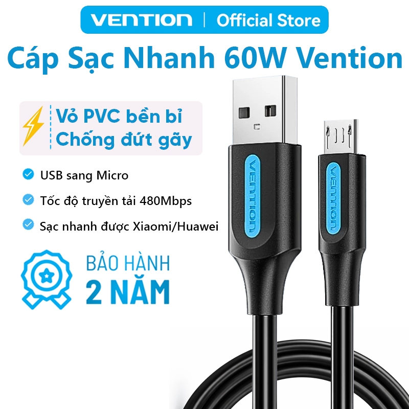 Dây Cáp Sạc Nhanh 60W USB Sang Micro Vention, Truyền Dữ Liệu 480Mbps, Vỏ Bọc PVC Chống Đứt Gãy