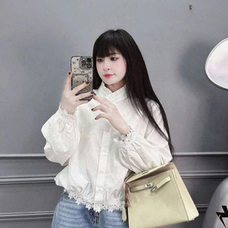 Áo Sơ Mi Cổ Bèo PHối Đuôi Ren Cúc Cài XInh Xắn