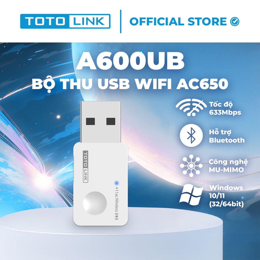 [Hoả Tốc] Bộ thu USB Wi-Fi Bluetooth Mini TOTOLINK A600UB - Chuẩn Wi-Fi 5 AC650 Bluetooth cho PC và laptop