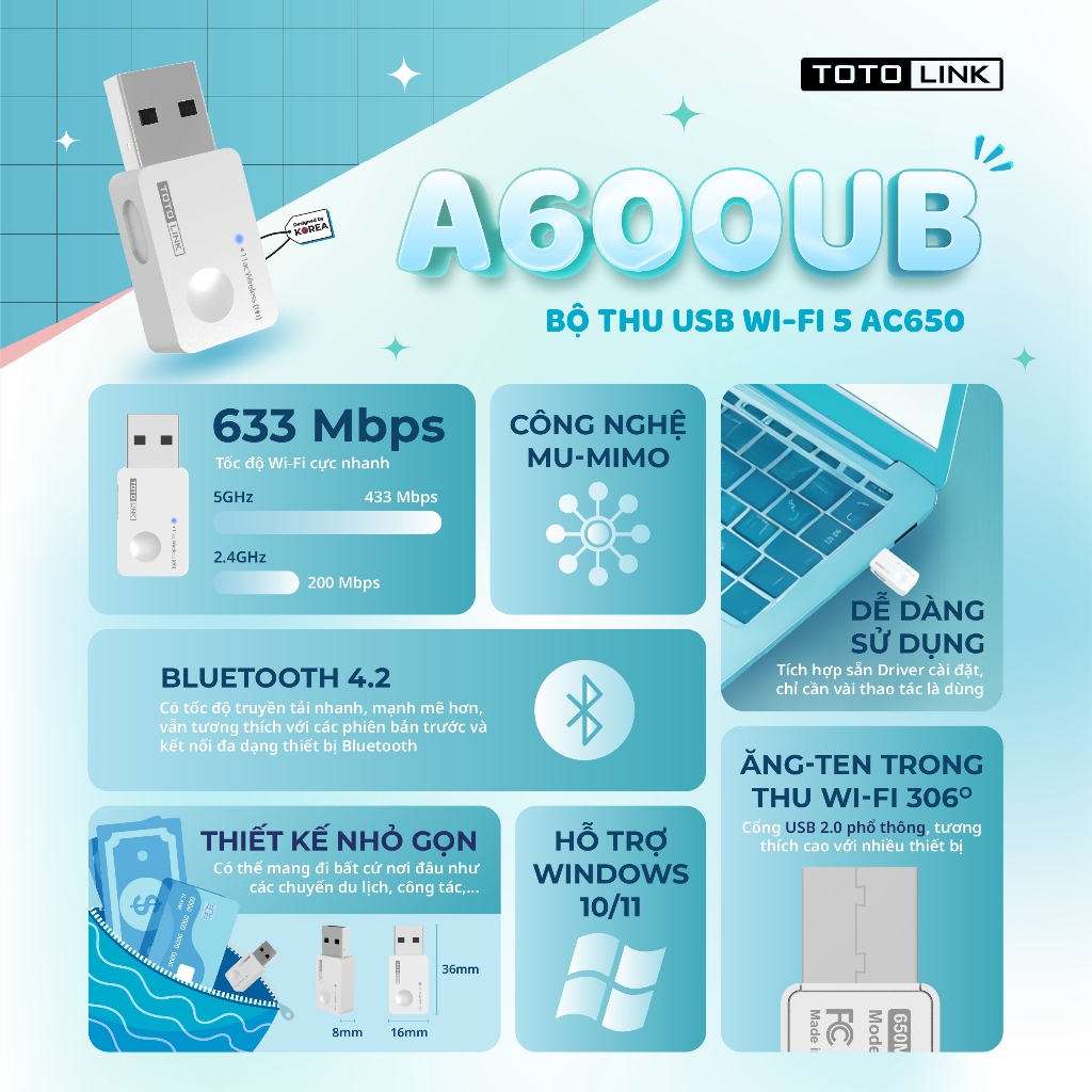 [Hoả Tốc] Bộ thu USB Wi-Fi Bluetooth Mini TOTOLINK A600UB - Chuẩn Wi-Fi 5 AC650 Bluetooth cho PC và laptop