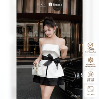 Set áo quây peplum gấm hoa trắng Khiết Style phối chân váy tơ đen KS557