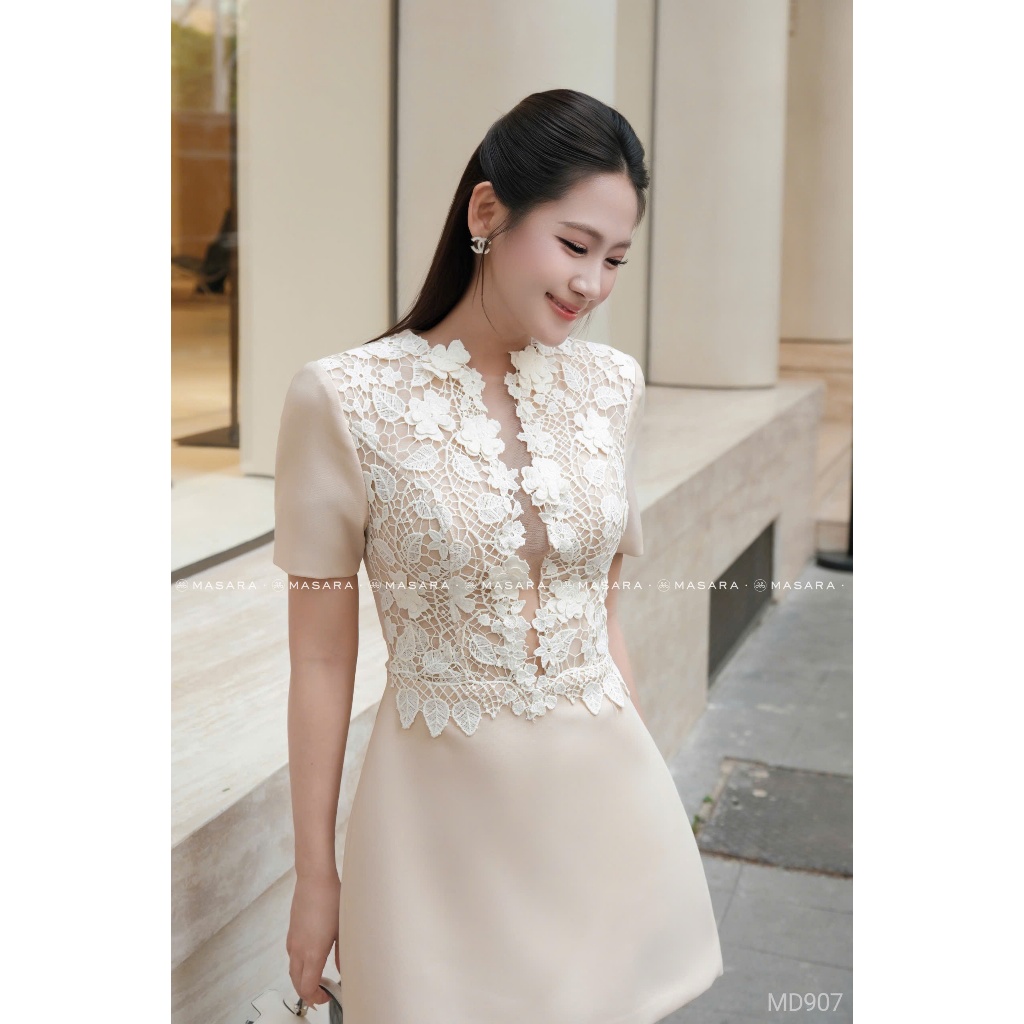 Đầm Masara dáng chữ A cổ phối ren hoa phong cách thanh lịch MD907