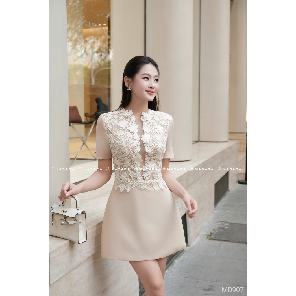 Đầm Masara dáng chữ A cổ phối ren hoa phong cách thanh lịch MD907