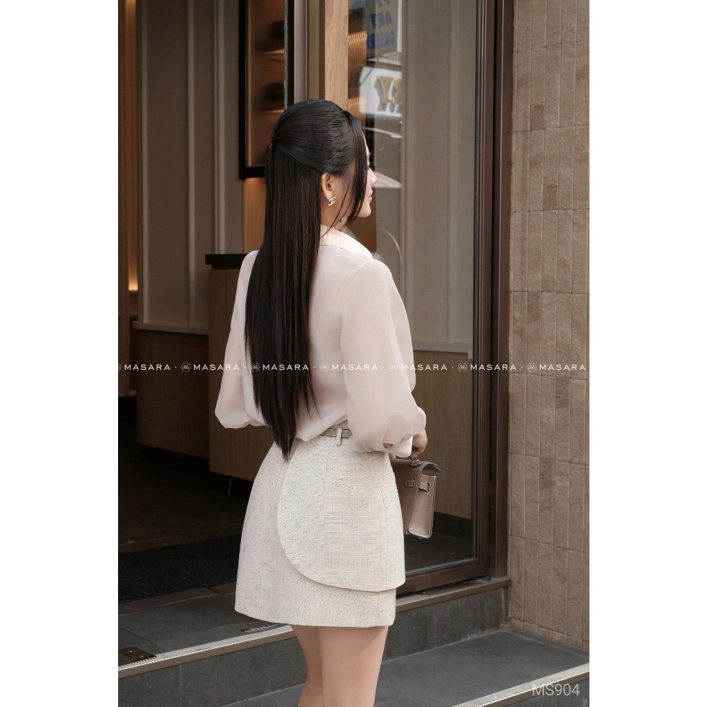 Set áo sơ mi kiểu phối vạt xếp ly thanh lịch & chân váy vạt đắp sang trọng, tặng kèm belt rời MS904