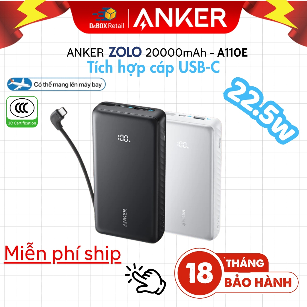 Sạc dự phòng Anker Zolo 20000mAh | Tích hợp cáp USB-C | Sạc nhanh 22.5W ...