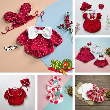 3-12kg Body váy bí công chúa lụa đỏ RIOKIDS, quần áo đầy tháng thôi nôi cho bé gái sơ sinh BD256