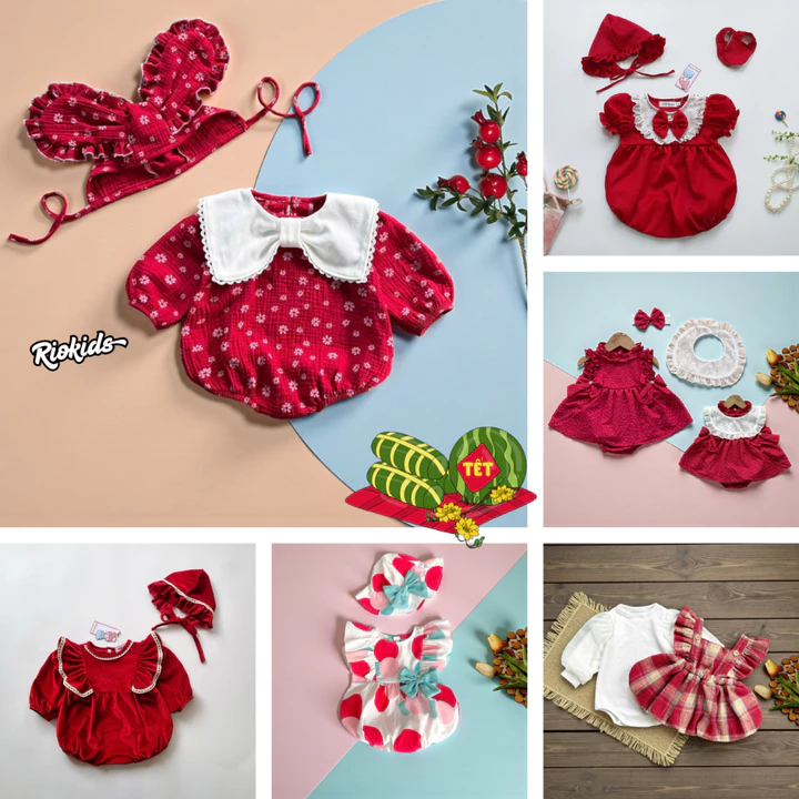 3-12kg Body váy bí công chúa lụa đỏ RIOKIDS, quần áo đầy tháng thôi nôi cho bé gái sơ sinh BD256