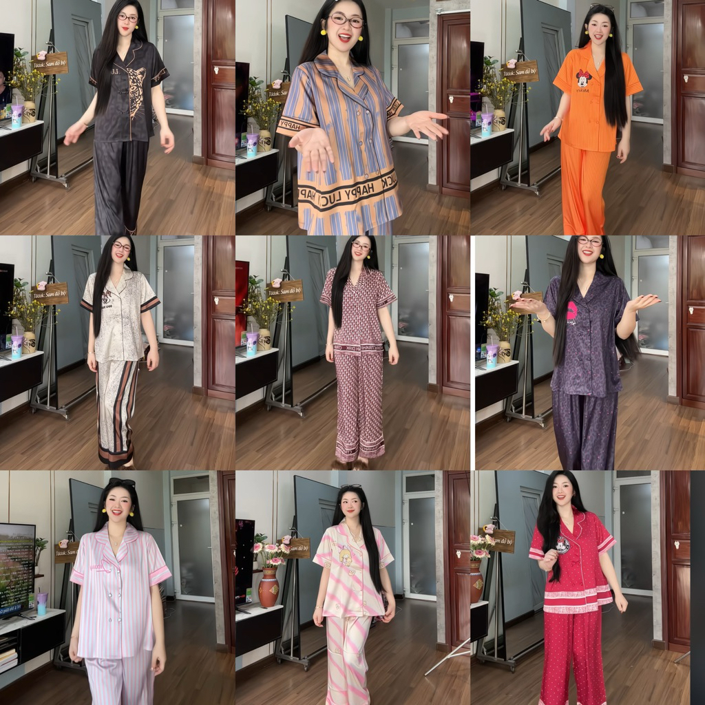 45-65kg Bộ ngủ set pijama TAY NGẮN form VEST RỘNG DÀI Sang phom QC mềm mịn mát