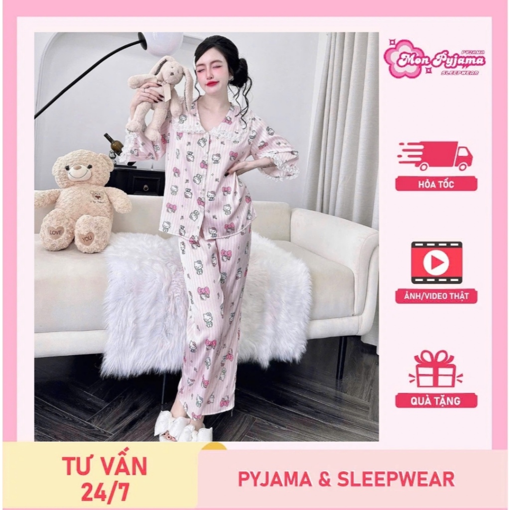 Đồ bộ mặc nhà nữ dễ thương, đồ ngủ tiểu thư, pijama lụa latin ren họa tiết hoạt hình dễ thương [46].