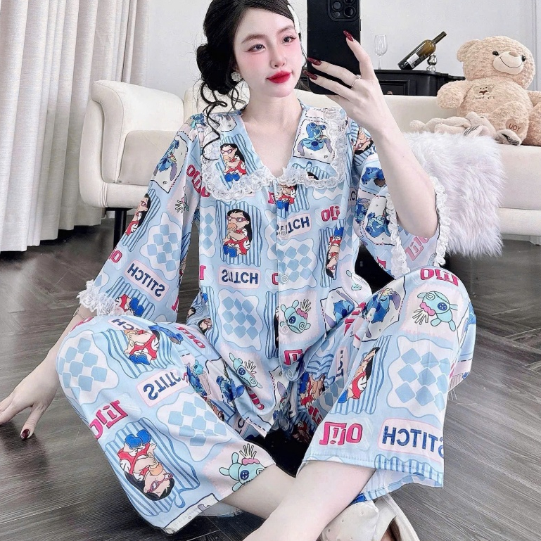 Đồ bộ mặc nhà nữ dễ thương, đồ ngủ tiểu thư, pijama lụa latin ren họa tiết hoạt hình dễ thương [46].