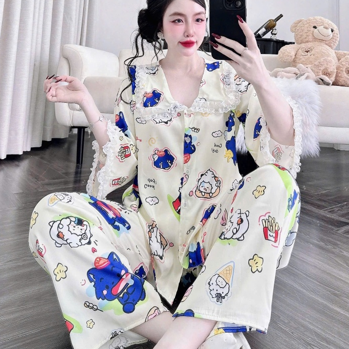 Đồ bộ mặc nhà nữ dễ thương, đồ ngủ tiểu thư, pijama lụa latin ren họa tiết hoạt hình dễ thương [46].