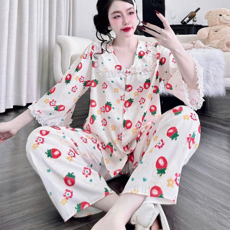 Đồ bộ mặc nhà nữ dễ thương, đồ ngủ tiểu thư, pijama lụa latin ren họa tiết hoạt hình dễ thương [46].