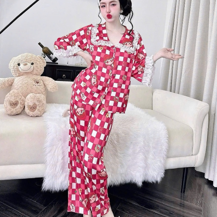 Đồ bộ mặc nhà nữ dễ thương, đồ ngủ tiểu thư, pijama lụa latin ren họa tiết hoạt hình dễ thương [46].