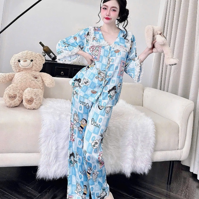 Đồ bộ mặc nhà nữ dễ thương, đồ ngủ tiểu thư, pijama lụa latin ren họa tiết hoạt hình dễ thương [46].