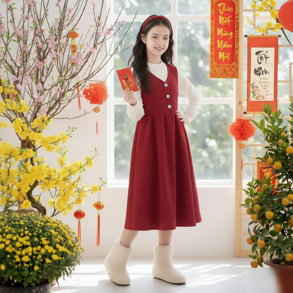 Set váy kèm áo nhung be cho bé gái size đại BEESHOP D25116