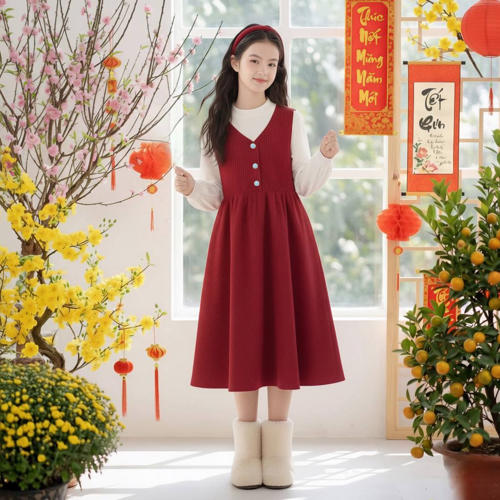 Set váy kèm áo nhung be cho bé gái size đại BEESHOP D25116