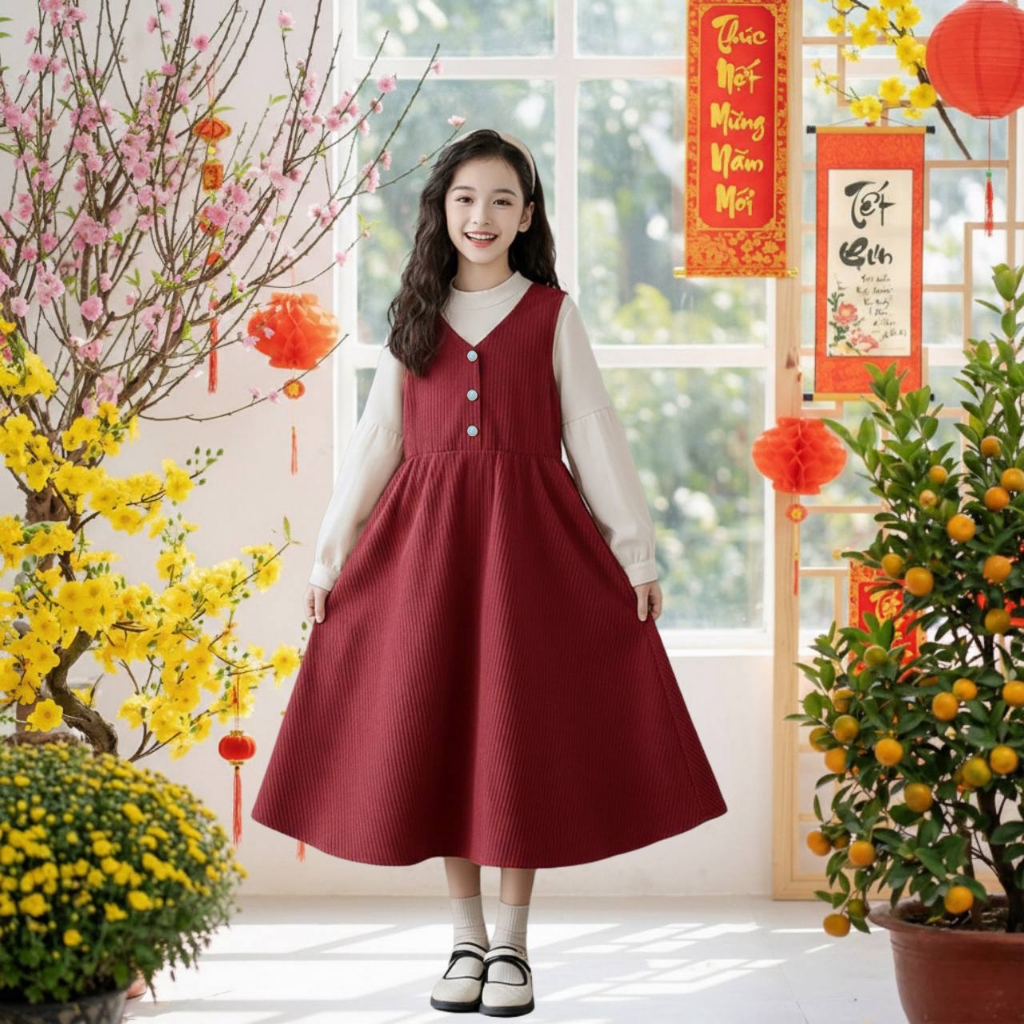 Set váy kèm áo nhung be cho bé gái size đại BEESHOP D25116