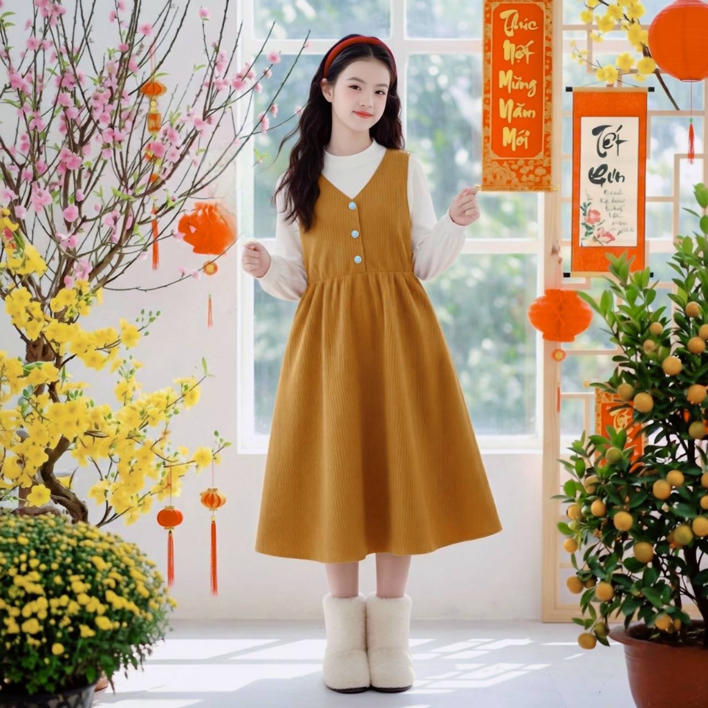 Set váy kèm áo nhung be cho bé gái size đại BEESHOP D25116