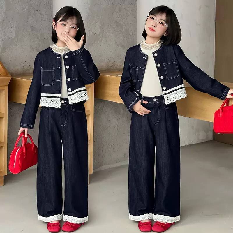 Set áo khoác jeans kèm quần suông phối ren cho bé gái size đại BEESHOP D25119