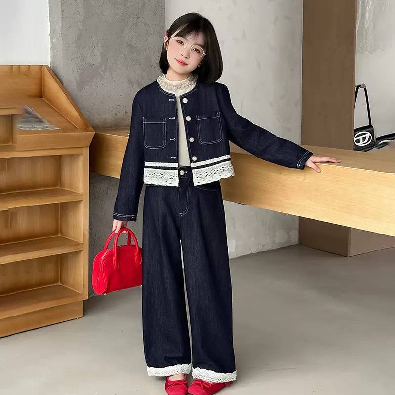 Set áo khoác jeans kèm quần suông phối ren cho bé gái size đại BEESHOP D25119