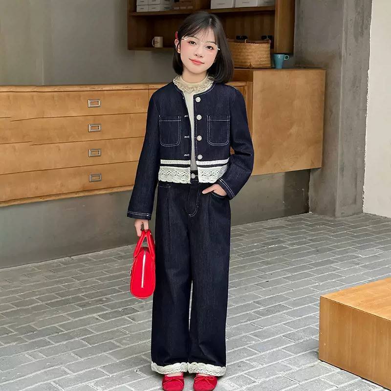 Set áo khoác jeans kèm quần suông phối ren cho bé gái size đại BEESHOP D25119