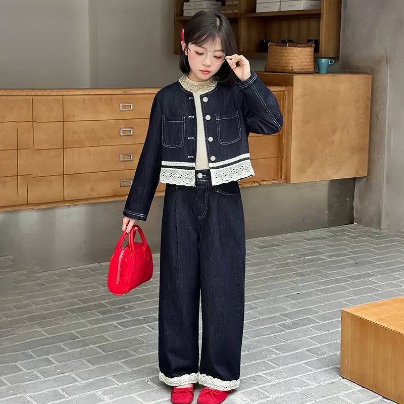 Set áo khoác jeans kèm quần suông phối ren cho bé gái size đại BEESHOP D25119