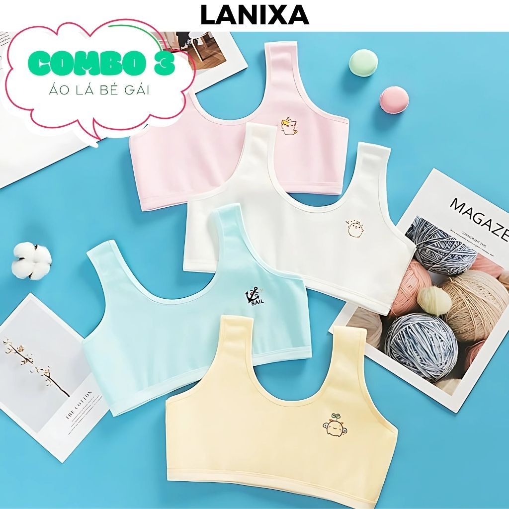 COMBO 3 Áo lá bé gái tuổi dậy thì cotton thoáng mát thấm hút mồ hôi họa tiết xinh xắn LANIXA CBB341
