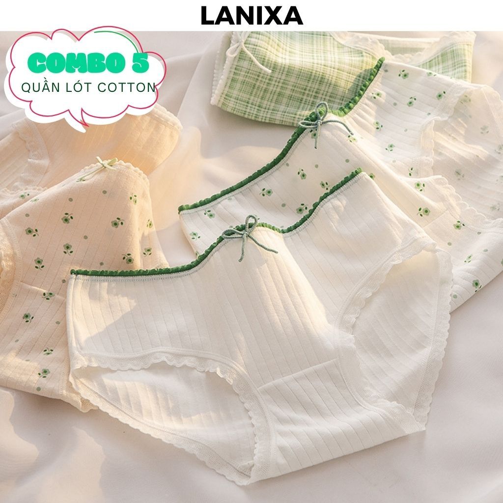 COMBO 5 Quần lót nữ cotton gân tăm đáy lót thoáng khí viền ren họa tiết xinh xắn cute LANIXA CBL311