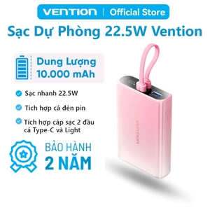 Pin Sạc Dự Phòng 10000mAh 22.5W Vention Tích hợp đèn pin, Hỗ trợ 3 cổng sạc USB-C, USB-A, Light