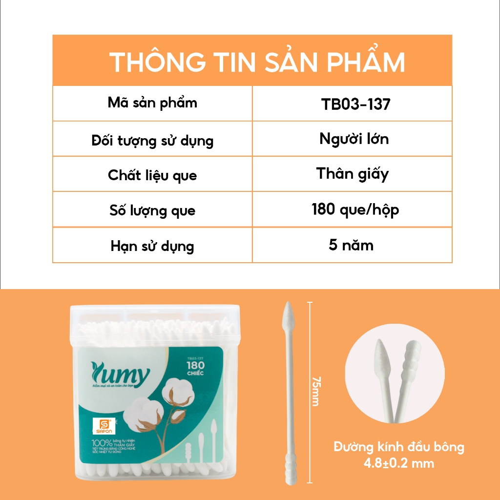 Combo 6 hộp Tăm bông đầu nhọn hỗ trợ trang điểm YUMY 180 que thân giấy điều chỉnh makeup (TB03-137)