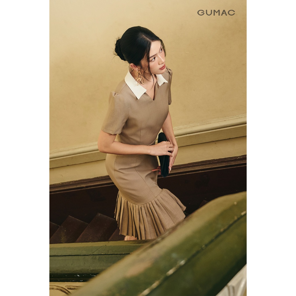 Đầm Nữ Form A Xòe GUMAC Cổ Sơ Mi Phối Trắng Kiểu Dập Ly Lai Điểm Nhấn Thanh Lịch DF10074