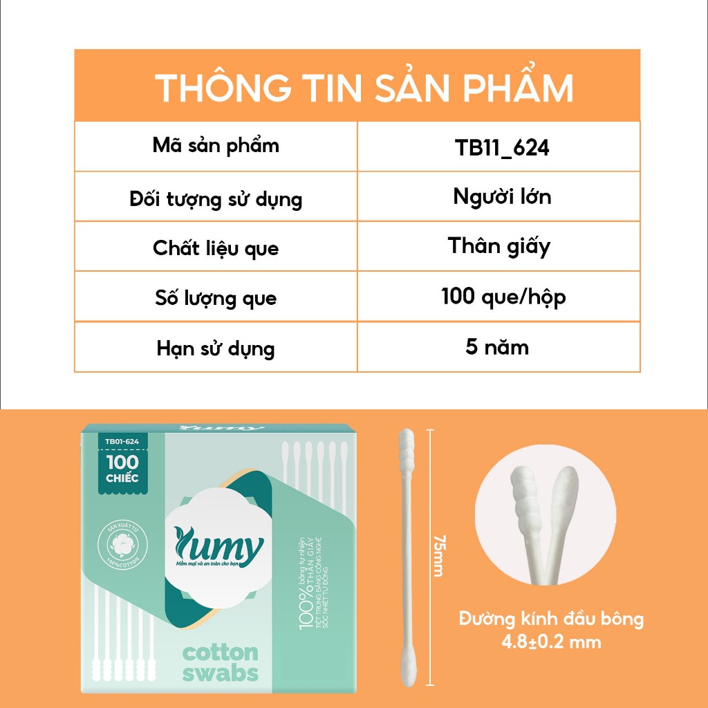 Combo 10 hộp Bông ngoáy tai YUMY 100 chiếc/hộp thân giấy thấm hút tốt đa năng an toàn (TB11_624)