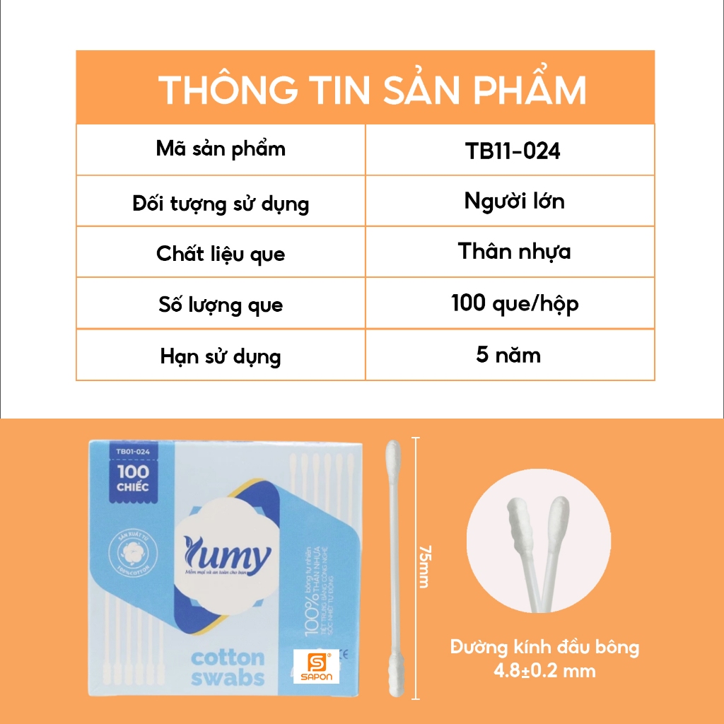 Combo 10 hộp Tăm bông YUMY 100 chiếc thân nhựa 2 đầu tròn - xoắn vệ sinh tai mũi hiệu quả (TB11_024)