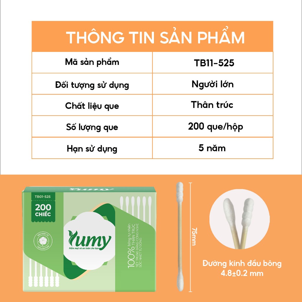 Combo 10 hộp Tăm bông YUMY thân trúc 200 chiếc đầu tròn xoắn, hộp tiện lợi cho người lớn (TB11_525)