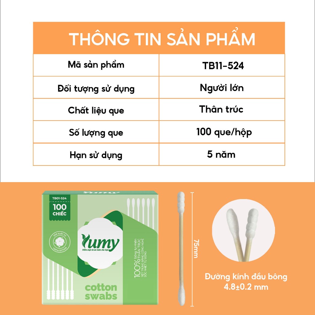 Combo 10 hộp Tăm bông thân trúc YUMY 100 chiếc tăm bông mềm mịn vệ sinh tai mũi an toàn (TB11_524)