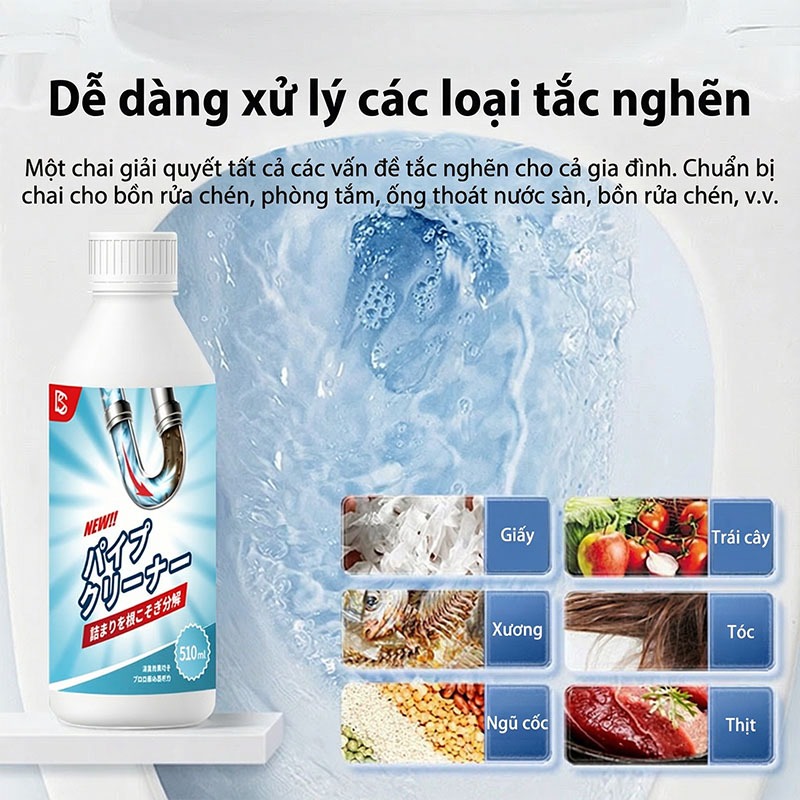 Nước Thông Cống Cực Mạnh BS Thông Tắc Bồn Cầu, Bồn Rửa Bát, Đường Ống Nhanh Chóng, Hiệu Quả 510ML