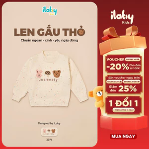 Áo len bé gái ILABY thiết kế cổ tròn thêu hình và Josweety dễ thương, chất liệu len phối màu siêu ấm [3974]