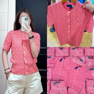 Linh Moon Áo len cộc tay dáng cardigan dệt vặn thừng màu hồng, form ôm nhẹ, mặc xuân hè Kèm Ảnh Thật