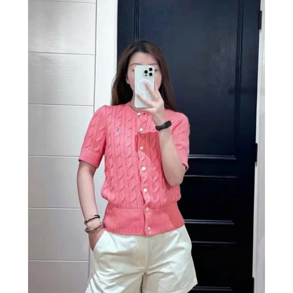Linh Moon Áo len cộc tay dáng cardigan dệt vặn thừng màu hồng, form ôm nhẹ, mặc xuân hè Kèm Ảnh Thật