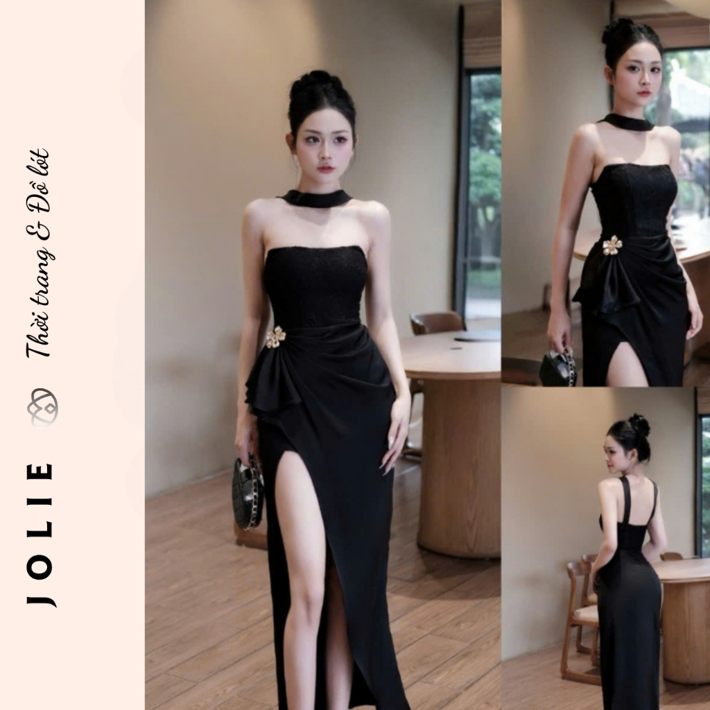 Váy Jolie Lụa Cúp Ngực Thiết Kế Xẻ Đùi Cao Cấp, Đầm Dự Tiệc Dáng Dài Phối Vòng Cổ Choker Sang Trọng Đi Tiệc/Sự Ki