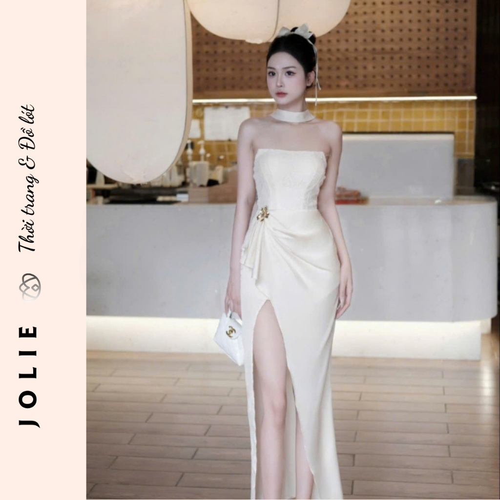 Váy Jolie Lụa Cúp Ngực Thiết Kế Xẻ Đùi Cao Cấp, Đầm Dự Tiệc Dáng Dài Phối Vòng Cổ Choker Sang Trọng Đi Tiệc/Sự Ki