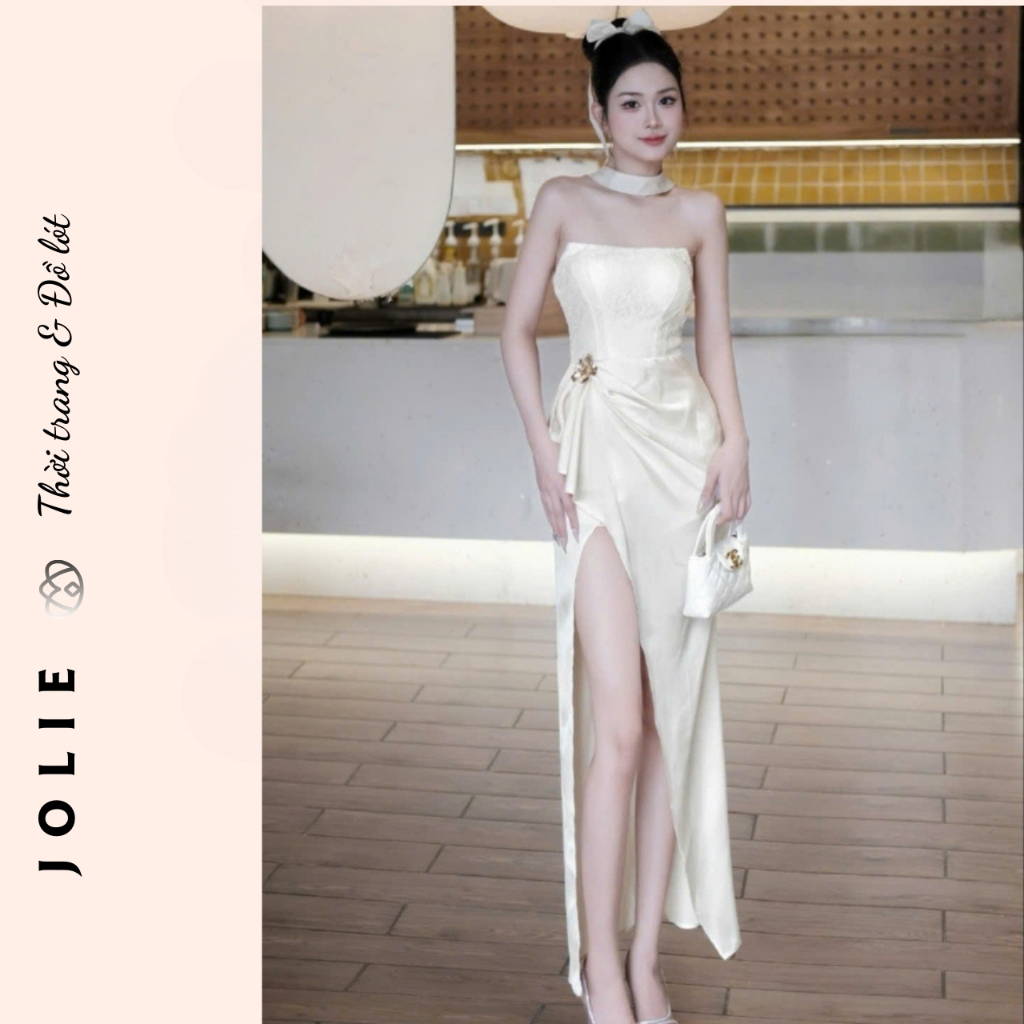 Váy Jolie Lụa Cúp Ngực Thiết Kế Xẻ Đùi Cao Cấp, Đầm Dự Tiệc Dáng Dài Phối Vòng Cổ Choker Sang Trọng Đi Tiệc/Sự Ki