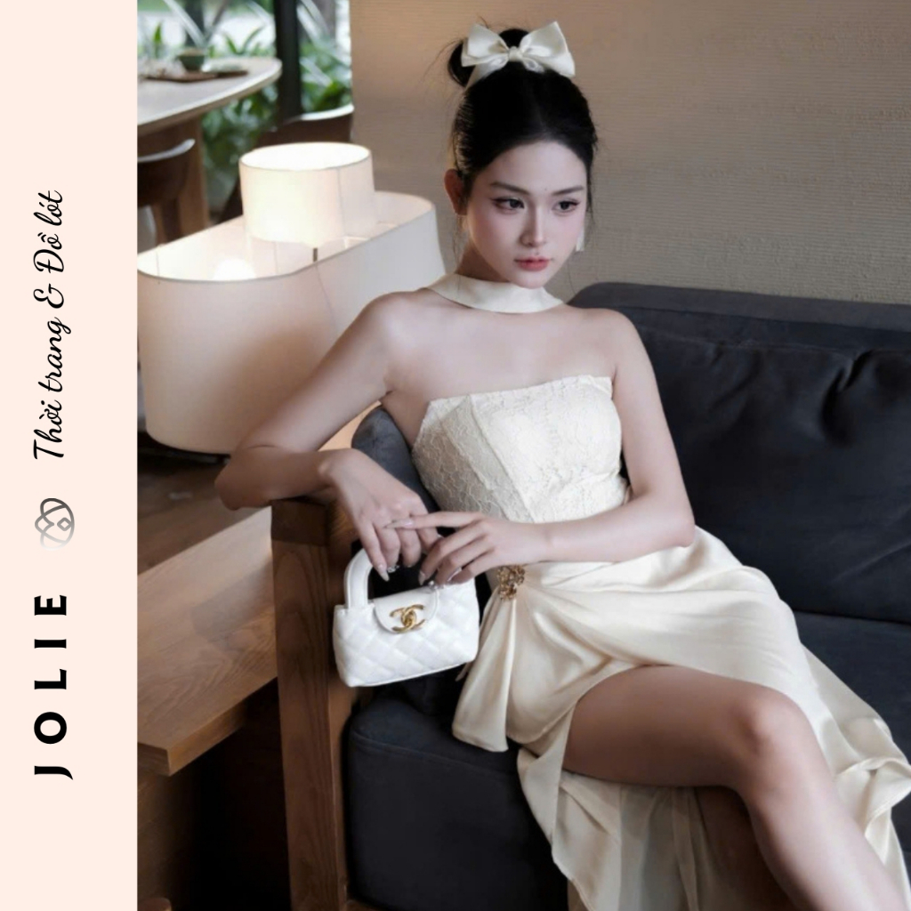 Váy Jolie Lụa Cúp Ngực Thiết Kế Xẻ Đùi Cao Cấp, Đầm Dự Tiệc Dáng Dài Phối Vòng Cổ Choker Sang Trọng Đi Tiệc/Sự Ki