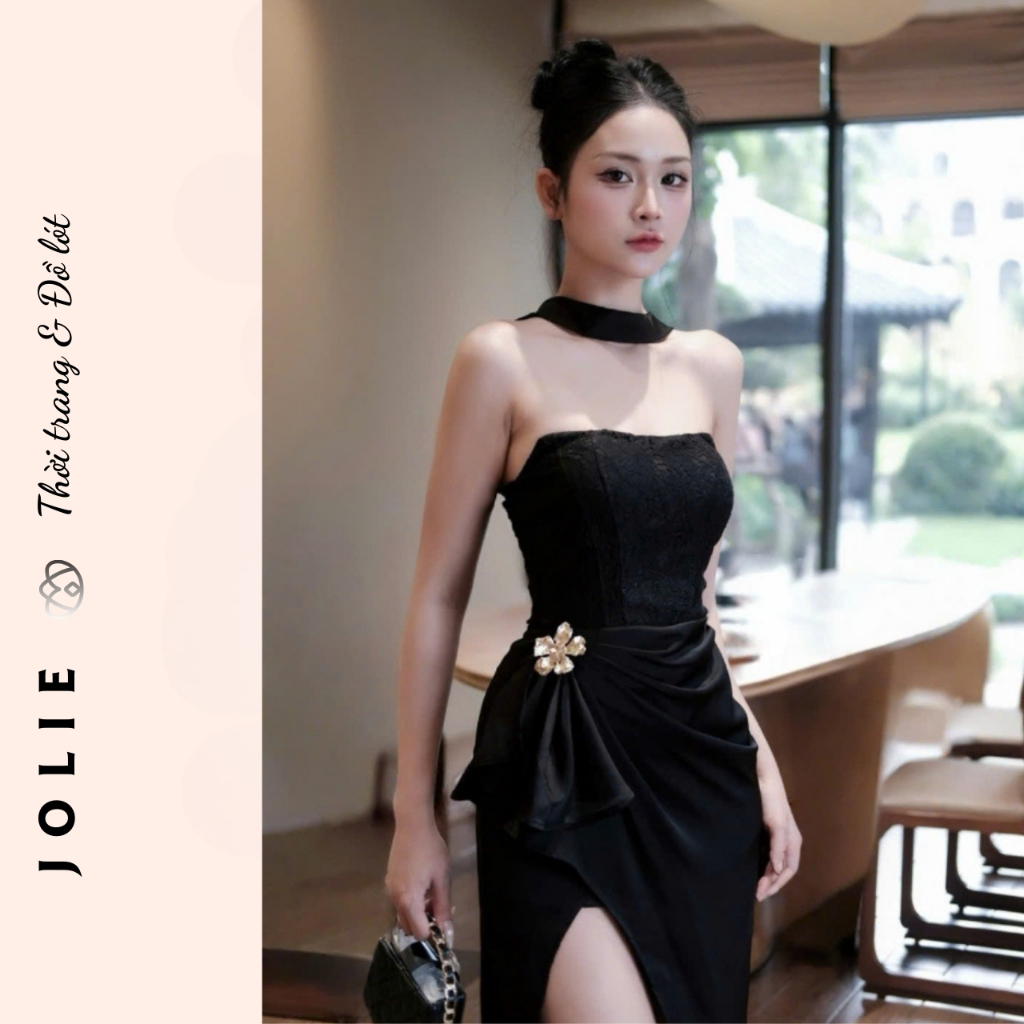 Váy Jolie Lụa Cúp Ngực Thiết Kế Xẻ Đùi Cao Cấp, Đầm Dự Tiệc Dáng Dài Phối Vòng Cổ Choker Sang Trọng Đi Tiệc/Sự Ki